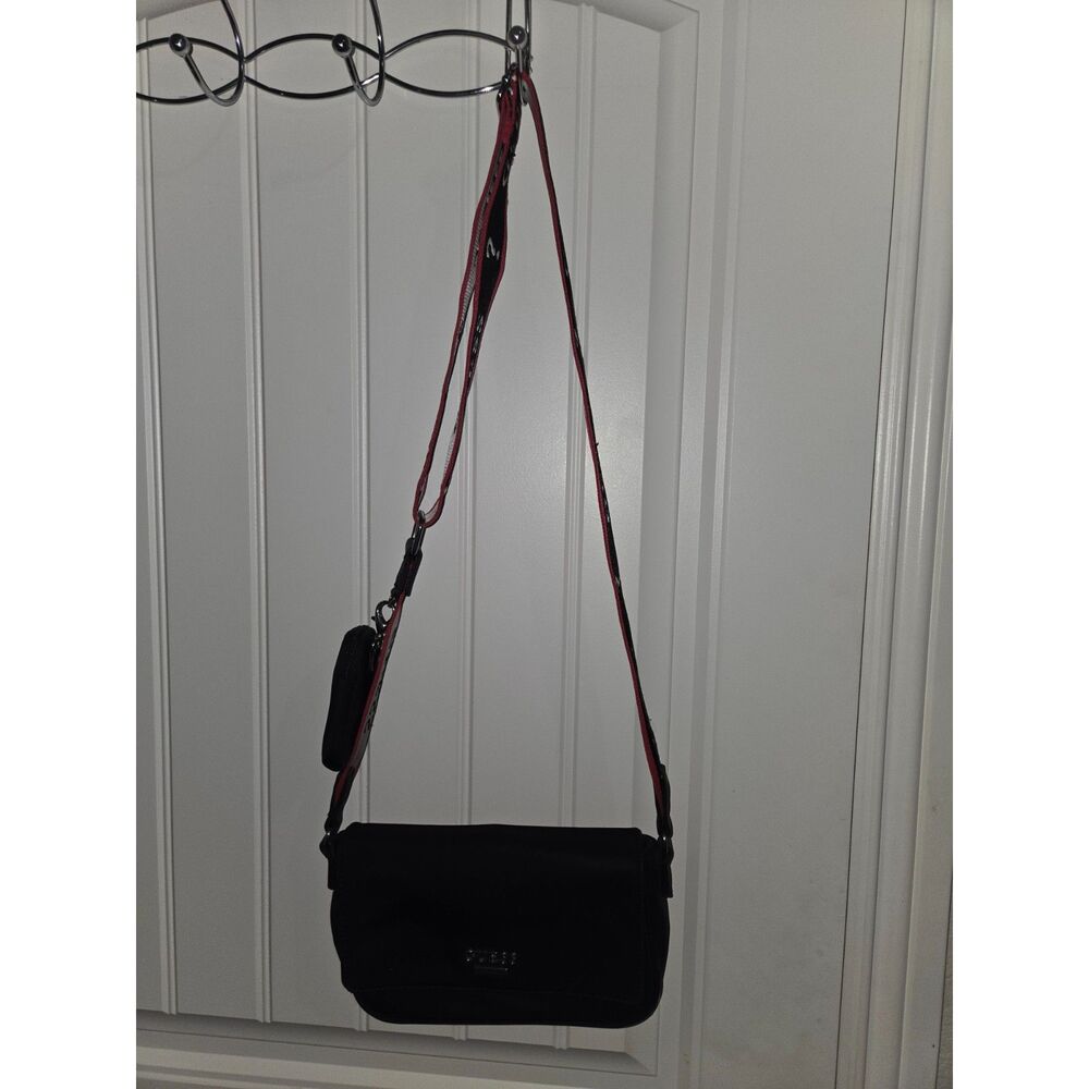 GUESS Black Crossbody Bag Red Logo Strap Mini Pouch Nylon Shoulder Purse